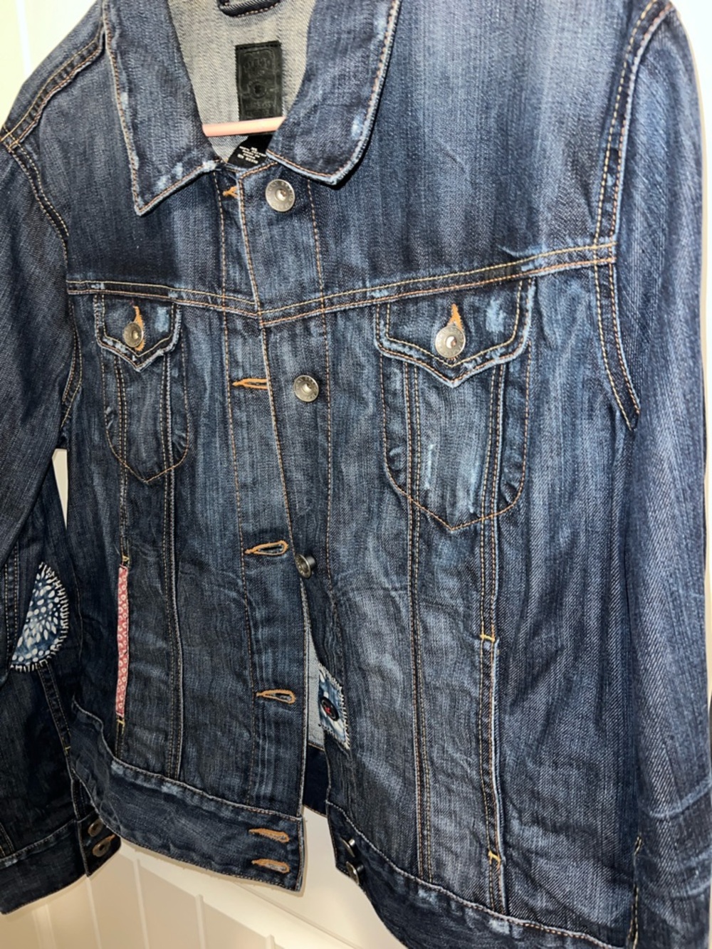 EUC! Lucky Brand Indigo Blue Denim Jacket with Quilt Patch Details Size XL - Picture 5 of 11